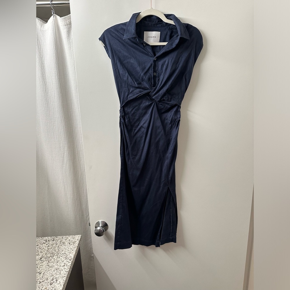 Frame navy blue linen midi dress